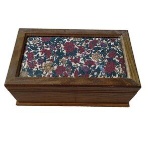 Vintage Powell Wooden Hinged Jewelry Box Organizer Floral Cloth Tapestry Inlay